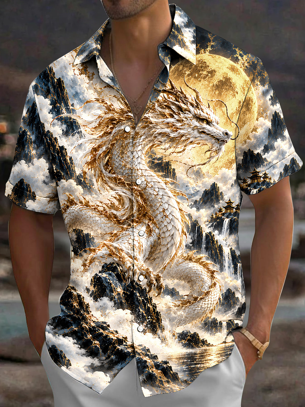 Adaychic Men's Hawaiian Chinese Dragon Print Short Sleeve Shirt with Chest Pocket