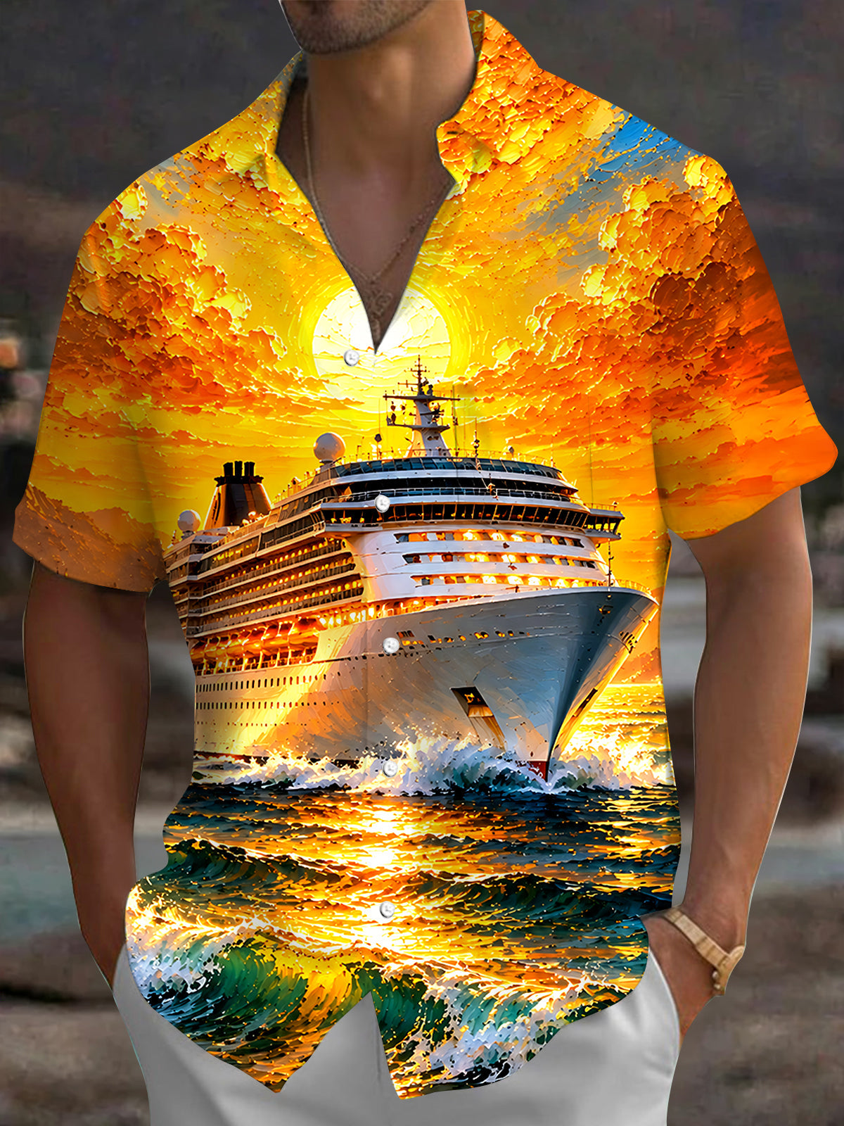 Adaychic Men's Hawaiian Cruise Ship Sunset Print Short Sleeve Shirt with Chest Pocket