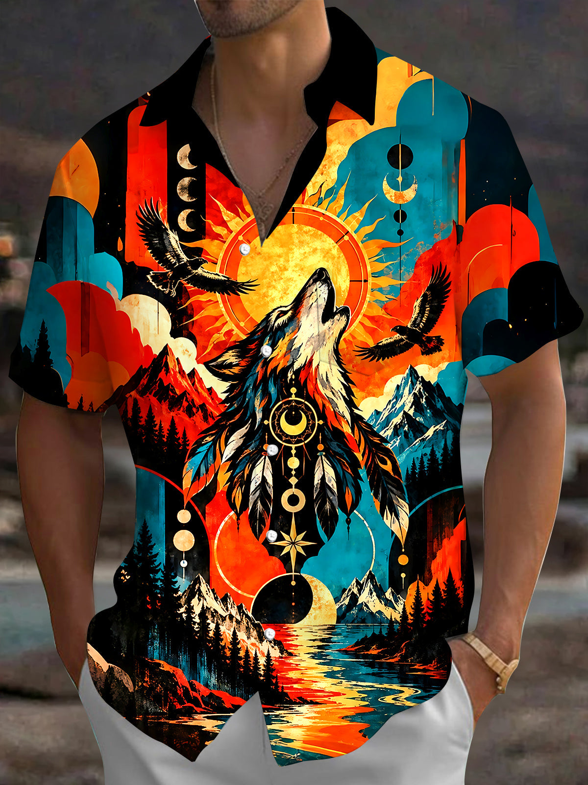 Adaychic Men's Hawaiian Howling Wolf Print Short Sleeve Shirt with Chest Pocket