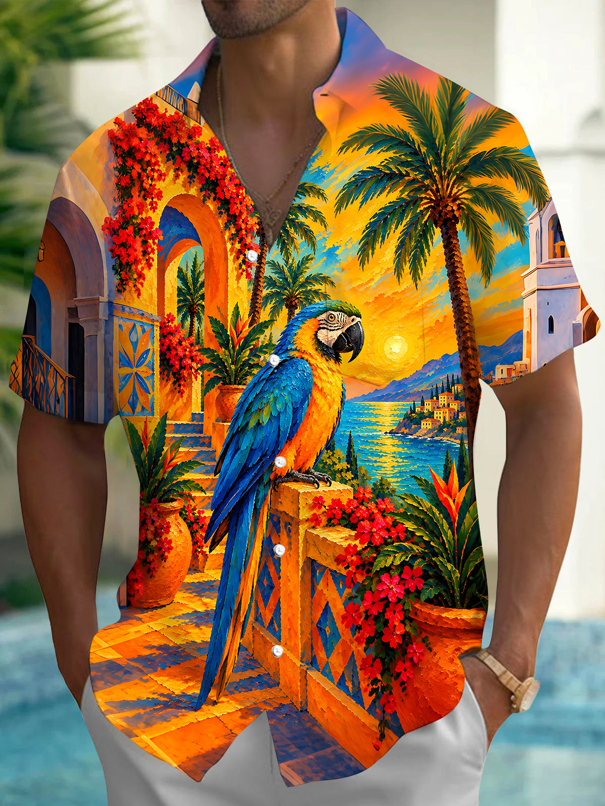Adaychic Men's Hawaiian Parrot Print Palm Tree Print Short Sleeve Shirt with Chest Pocket