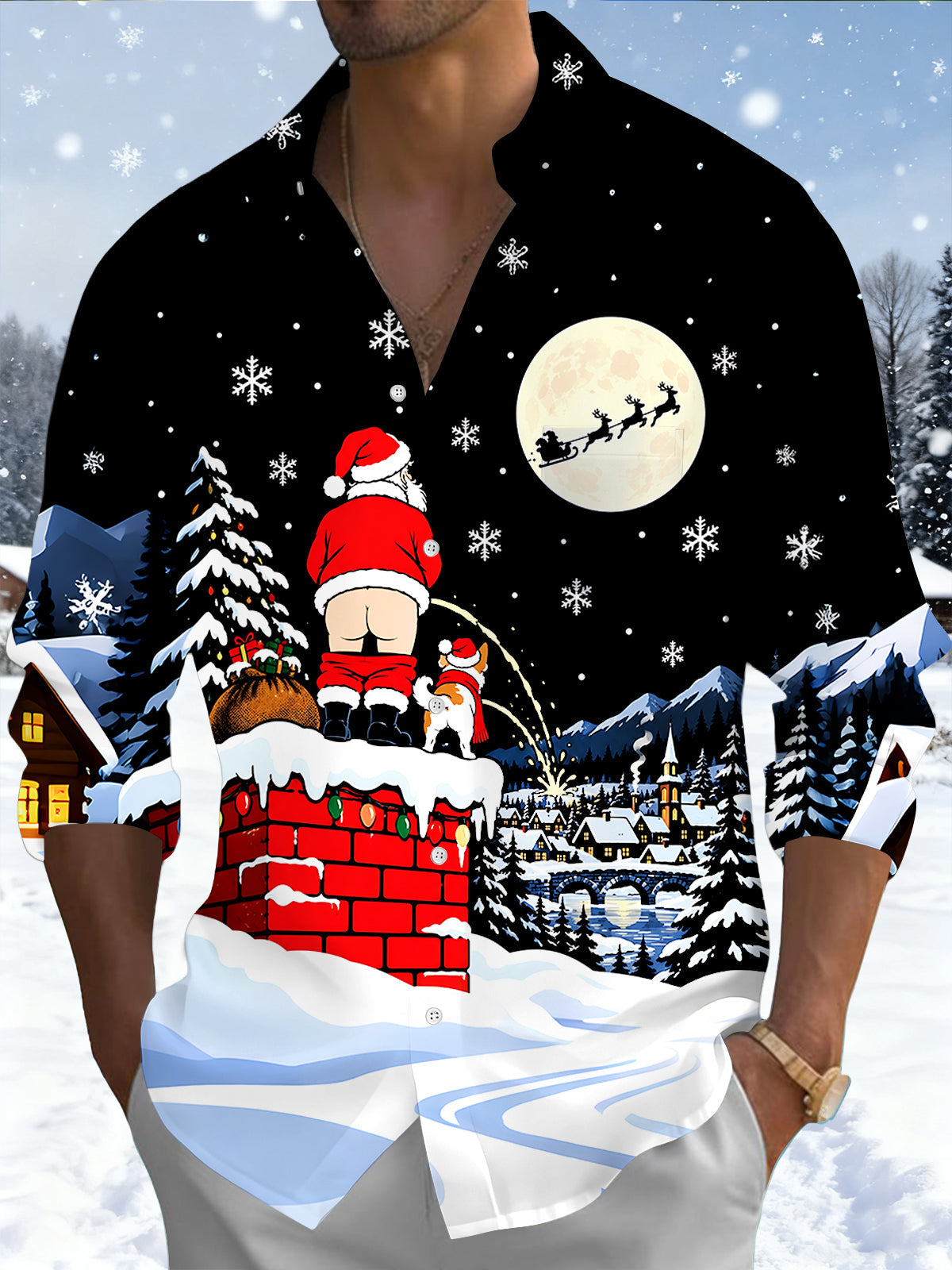 Adaychic Men's Graphic Snowy Village Night Scene Print Long Sleeve Shirt with Chest Pocket