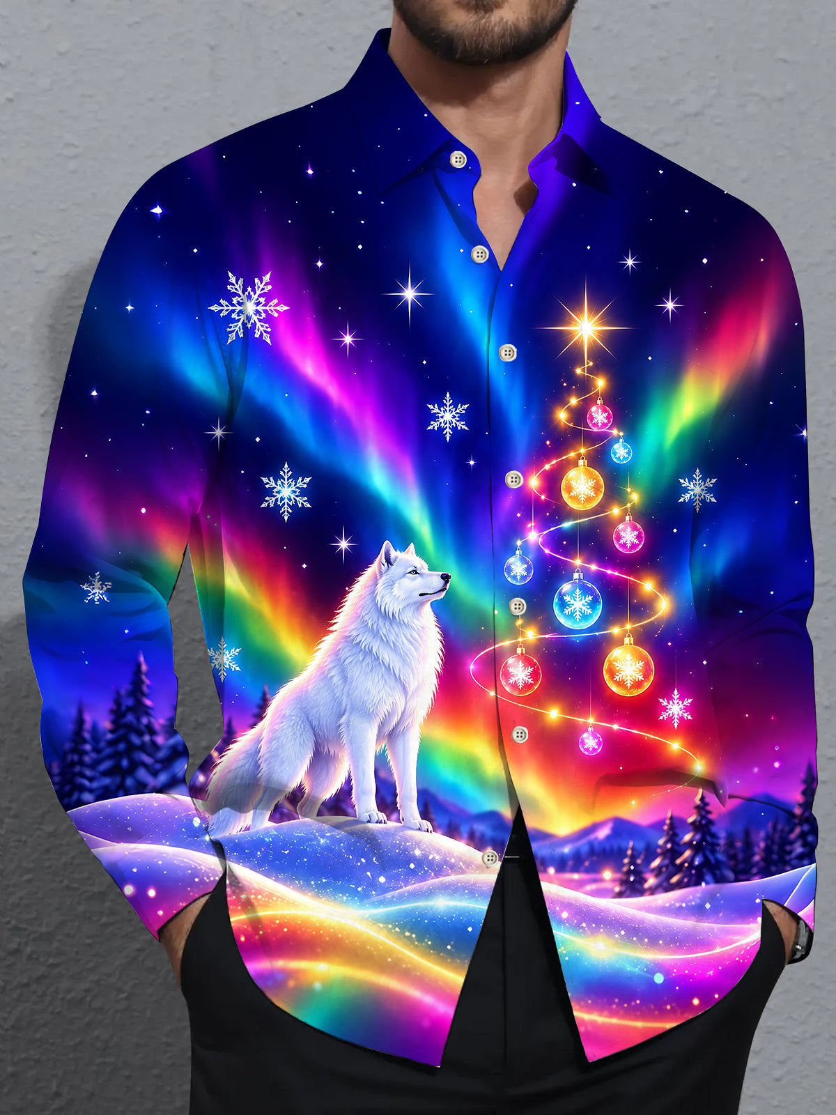 Adaychic Men's Graphic Aurora Borealis Print Long Sleeve Shirt with Chest Pocket