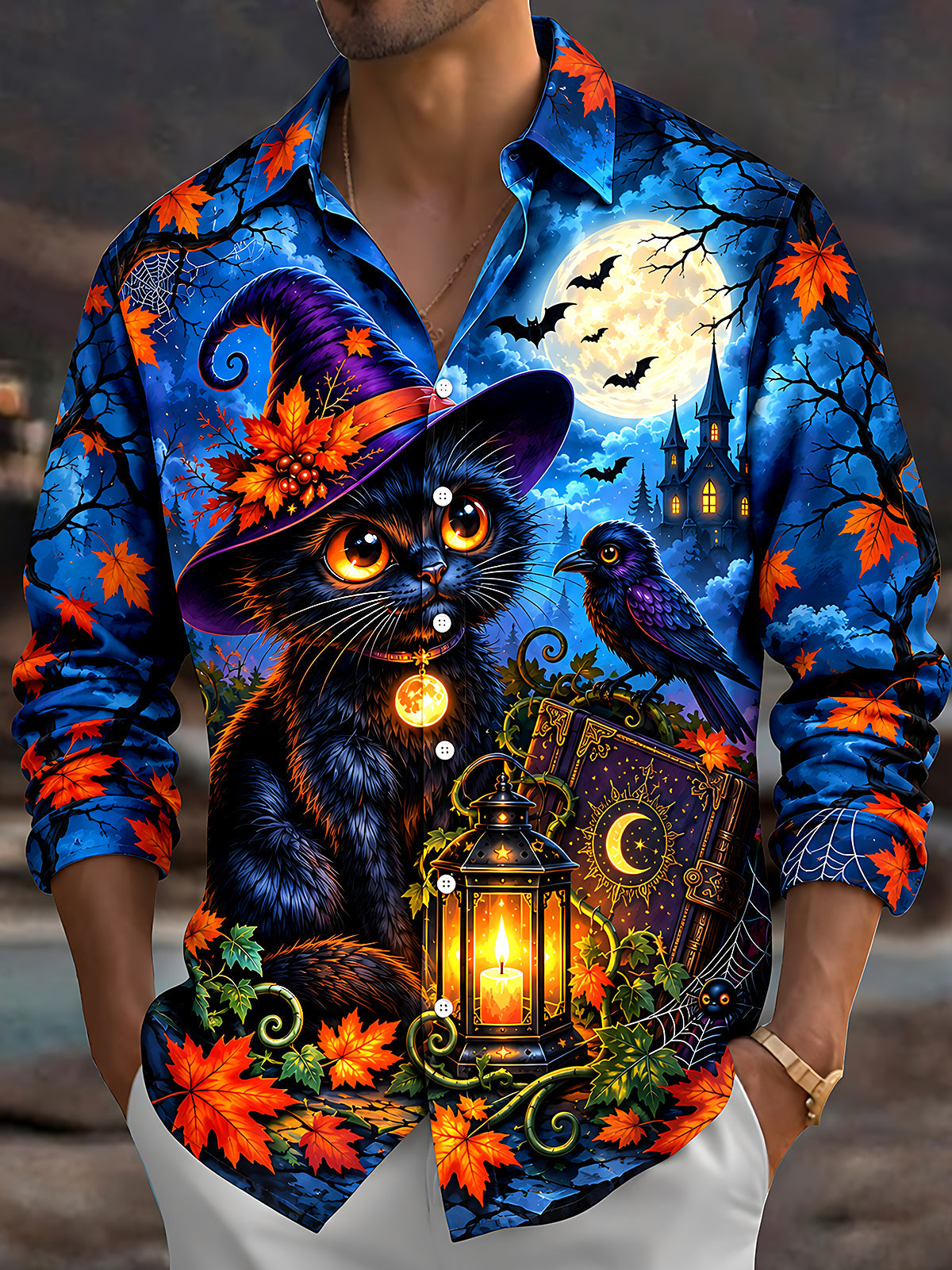 Adaychic Men's Graphic Halloween Cat Print Witch Hat Print Long Sleeve Shirt with Chest Pocket