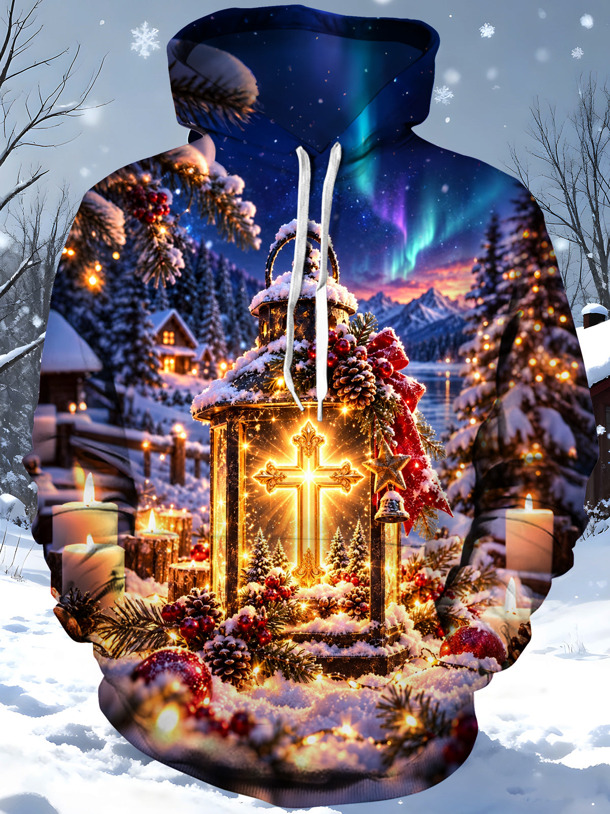 Adaychic Men's Printed Christmas Lantern Print Long Sleeve Hoodie with Chest Pocket