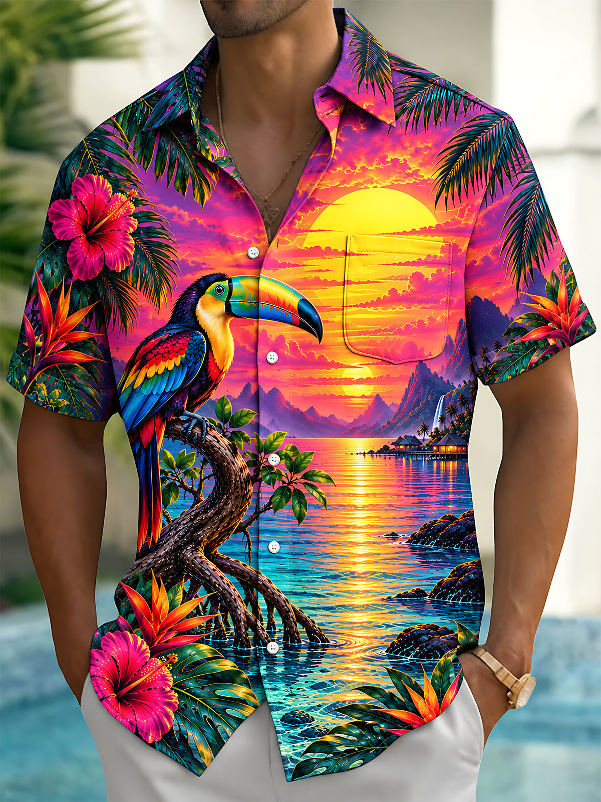 Adaychic Men's Hawaiian Toucan Sunset Landscape Print Short Sleeve Shirt with Chest Pocket