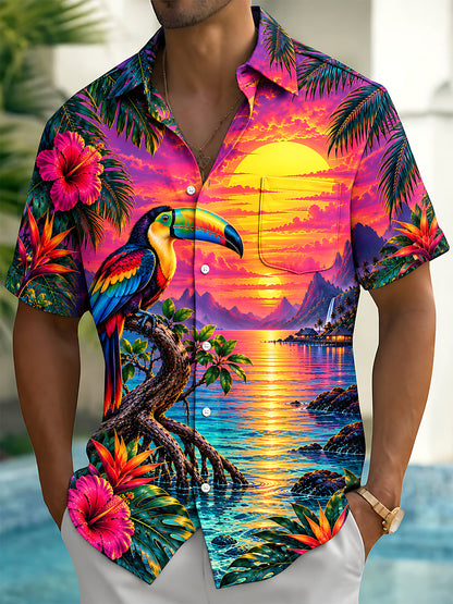 Adaychic Men's Hawaiian Toucan Sunset Landscape Print Short Sleeve Shirt with Chest Pocket