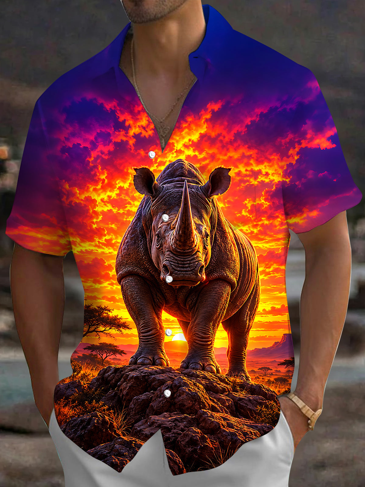 Adaychic Men's Hawaiian Rhino Sunset Landscape Print Short Sleeve Shirt with Chest Pocket
