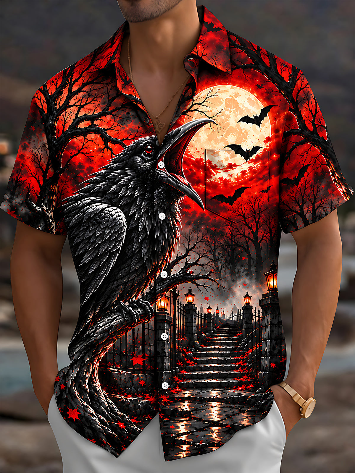 Adaychic Men's Graphic Halloween Crow Print Full Moon Print Short Sleeve Shirt with Chest Pocket
