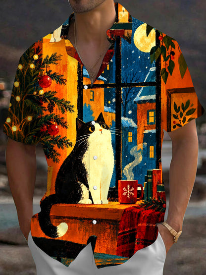 Adaychic Men's Printed Christmas Cat Print Short Sleeve Shirt with Chest Pocket
