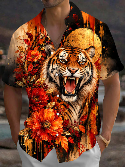Adaychic Men's Graphic Roaring Tiger Head Print Short Sleeve Shirt with Chest Pocket
