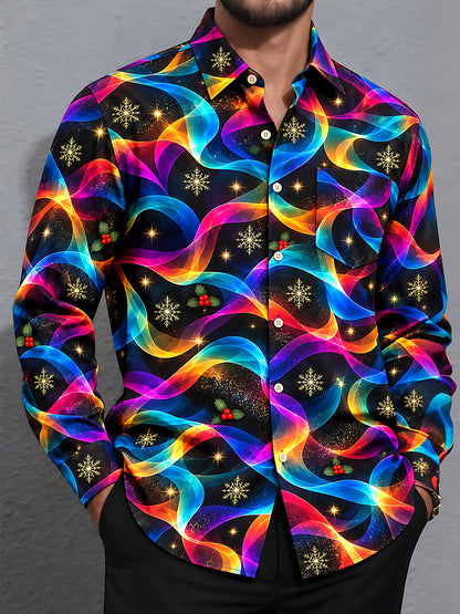 Adaychic Men's Printed Colorful Wavy Lines Print Long Sleeve Shirt with Chest Pocket