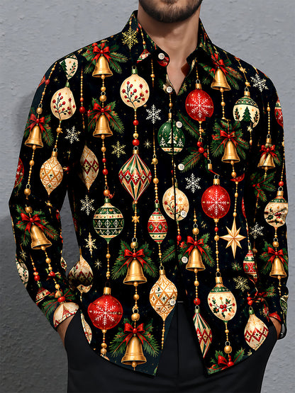 Adaychic Men's Printed Christmas Ornaments Print Long Sleeve Shirt with Chest Pocket