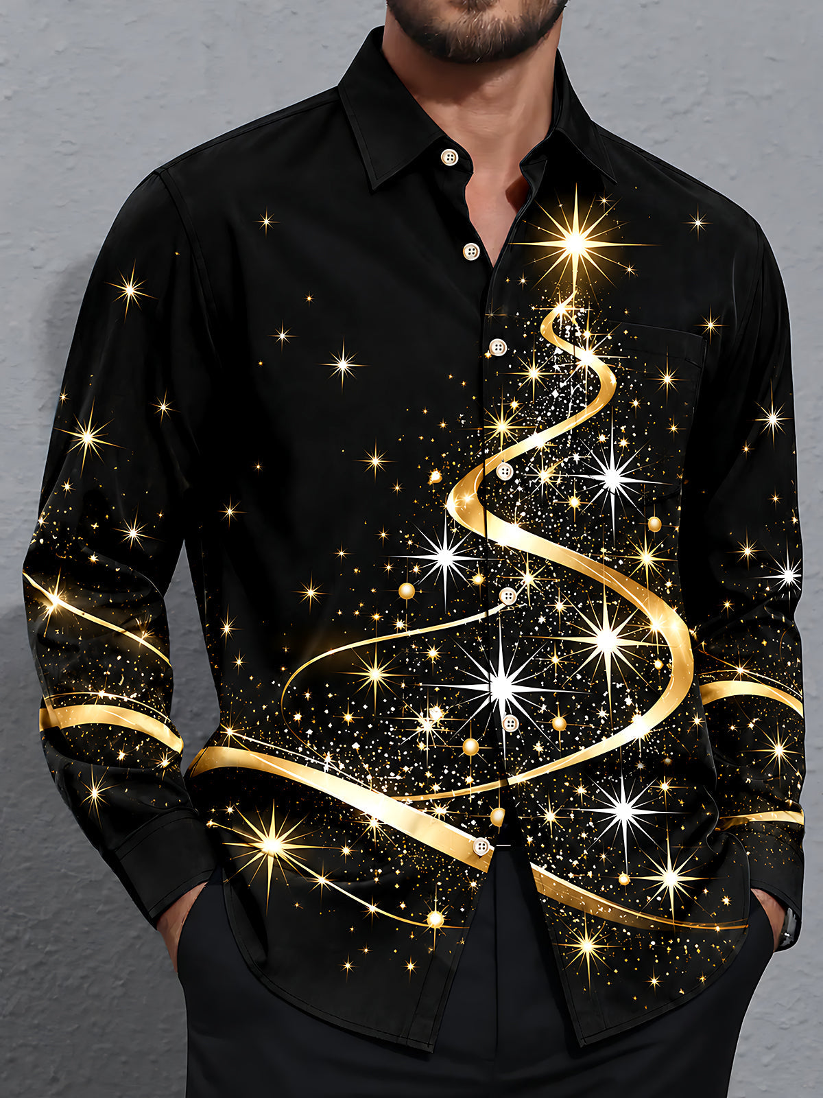 Adaychic Men's Printed Abstract Gold Ribbon Print Long Sleeve Shirt with Chest Pocket