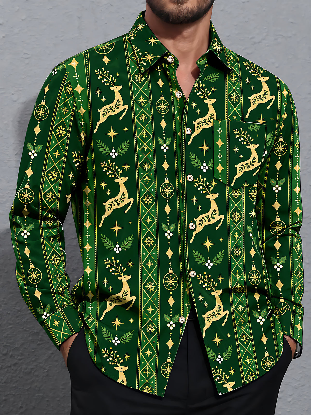 Adaychic Men's Printed Christmas Elk Print Long Sleeve Shirt with Chest Pocket