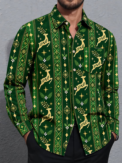 Adaychic Men's Printed Christmas Elk Print Long Sleeve Shirt with Chest Pocket