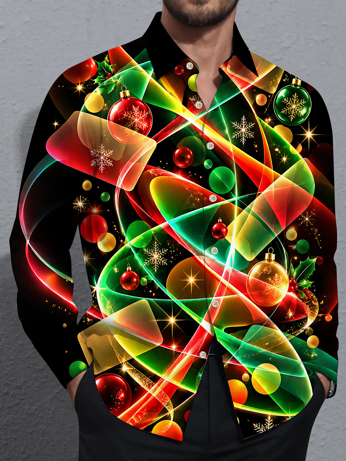 Adaychic Men's Printed Christmas Ornaments Print Long Sleeve Shirt with Chest Pocket