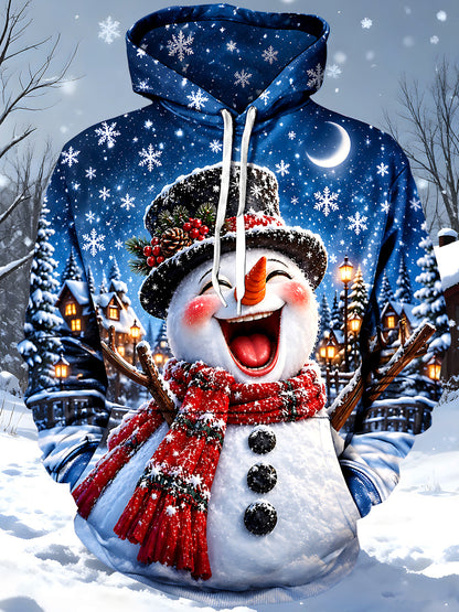 Adaychic Men's Graphic Christmas Snowman Print Long Sleeve Hoodie with Chest Pocket