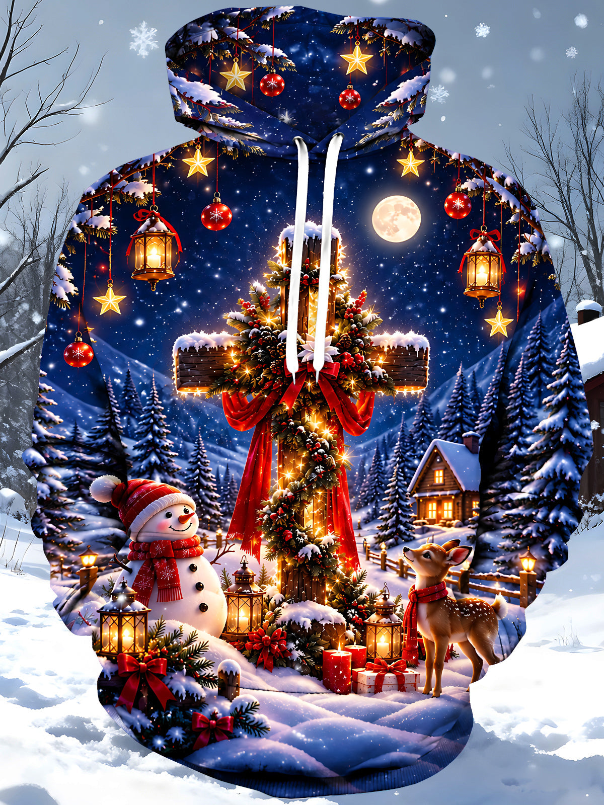 Adaychic Men's Graphic Christmas Cross Print Long Sleeve Hoodie with Chest Pocket