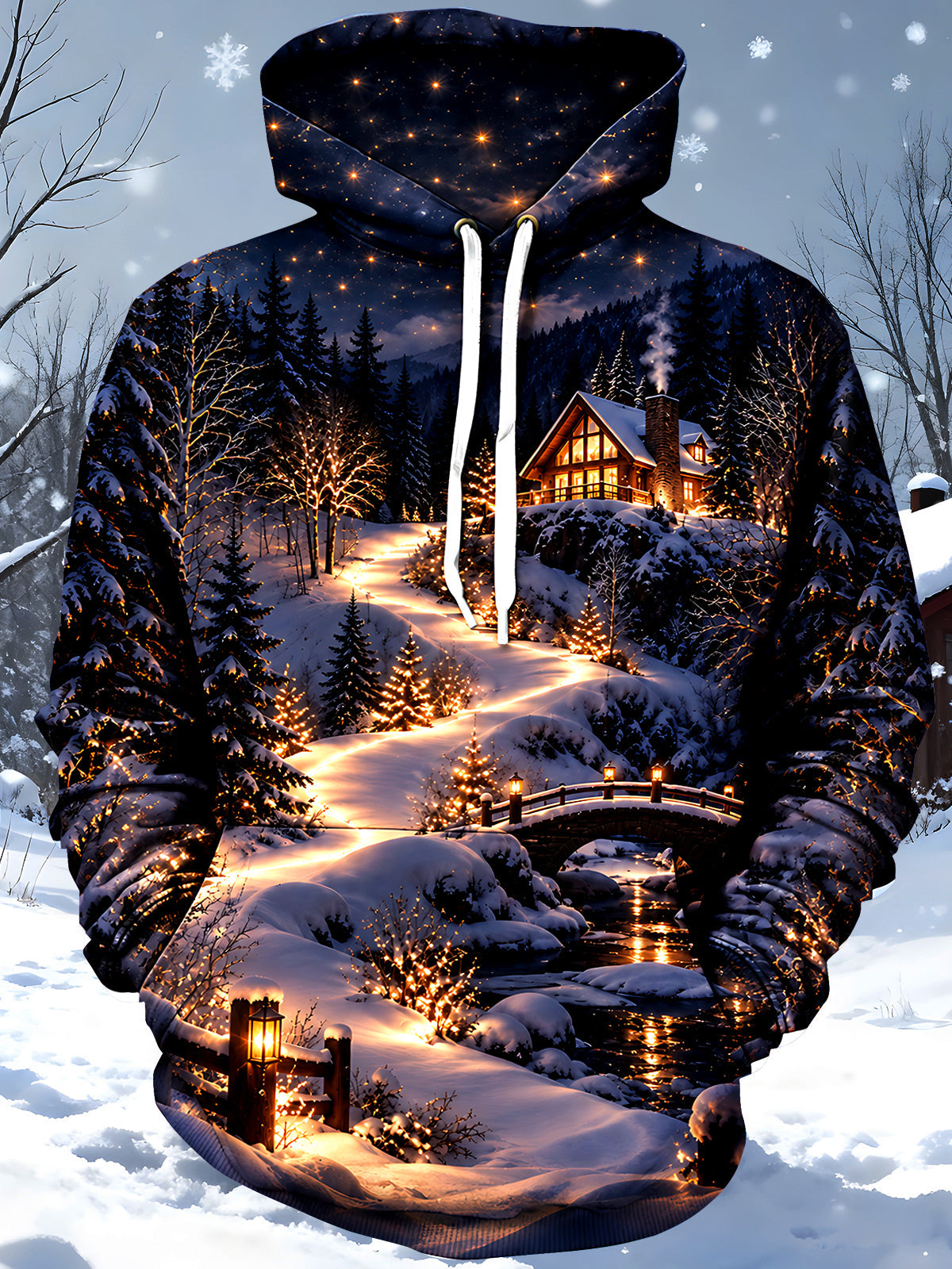 Adaychic Men's Graphic Winter Night Landscape Print Long Sleeve Hoodie with Chest Pocket
