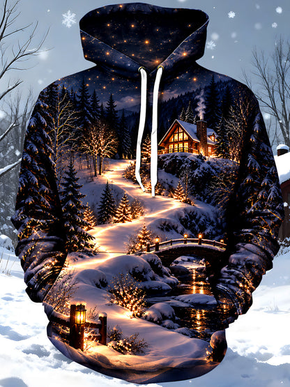 Adaychic Men's Graphic Winter Night Landscape Print Long Sleeve Hoodie with Chest Pocket