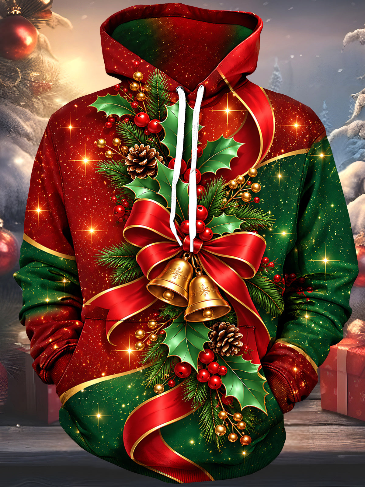 Adaychic Men's Printed Christmas Bells Print Long Sleeve Hoodie with Chest Pocket