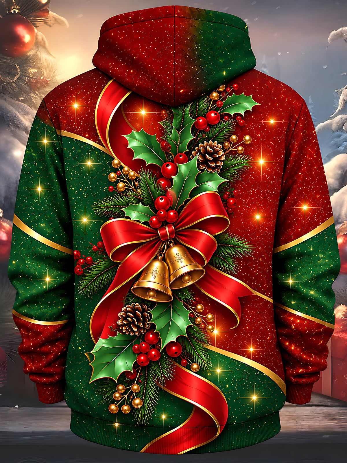 Adaychic Men's Printed Christmas Bells Print Long Sleeve Hoodie with Chest Pocket