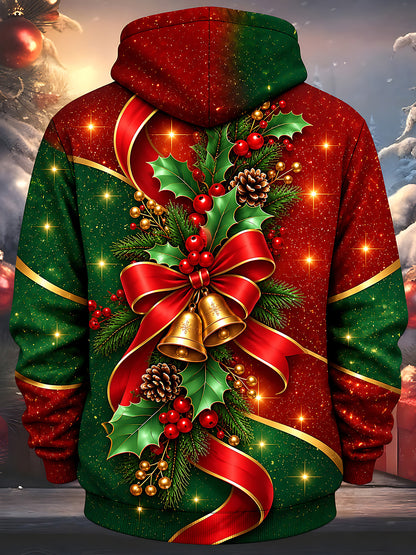Adaychic Men's Printed Christmas Bells Print Long Sleeve Hoodie with Chest Pocket