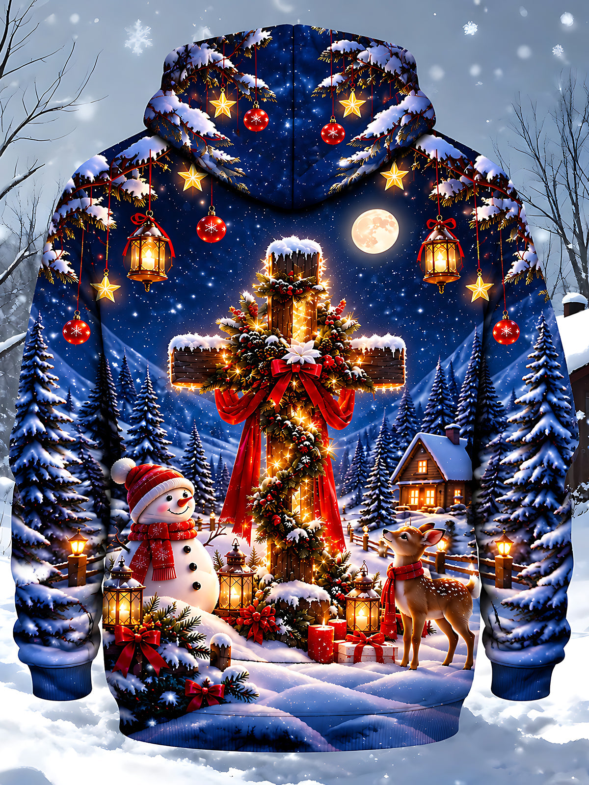 Adaychic Men's Graphic Christmas Cross Print Long Sleeve Hoodie with Chest Pocket