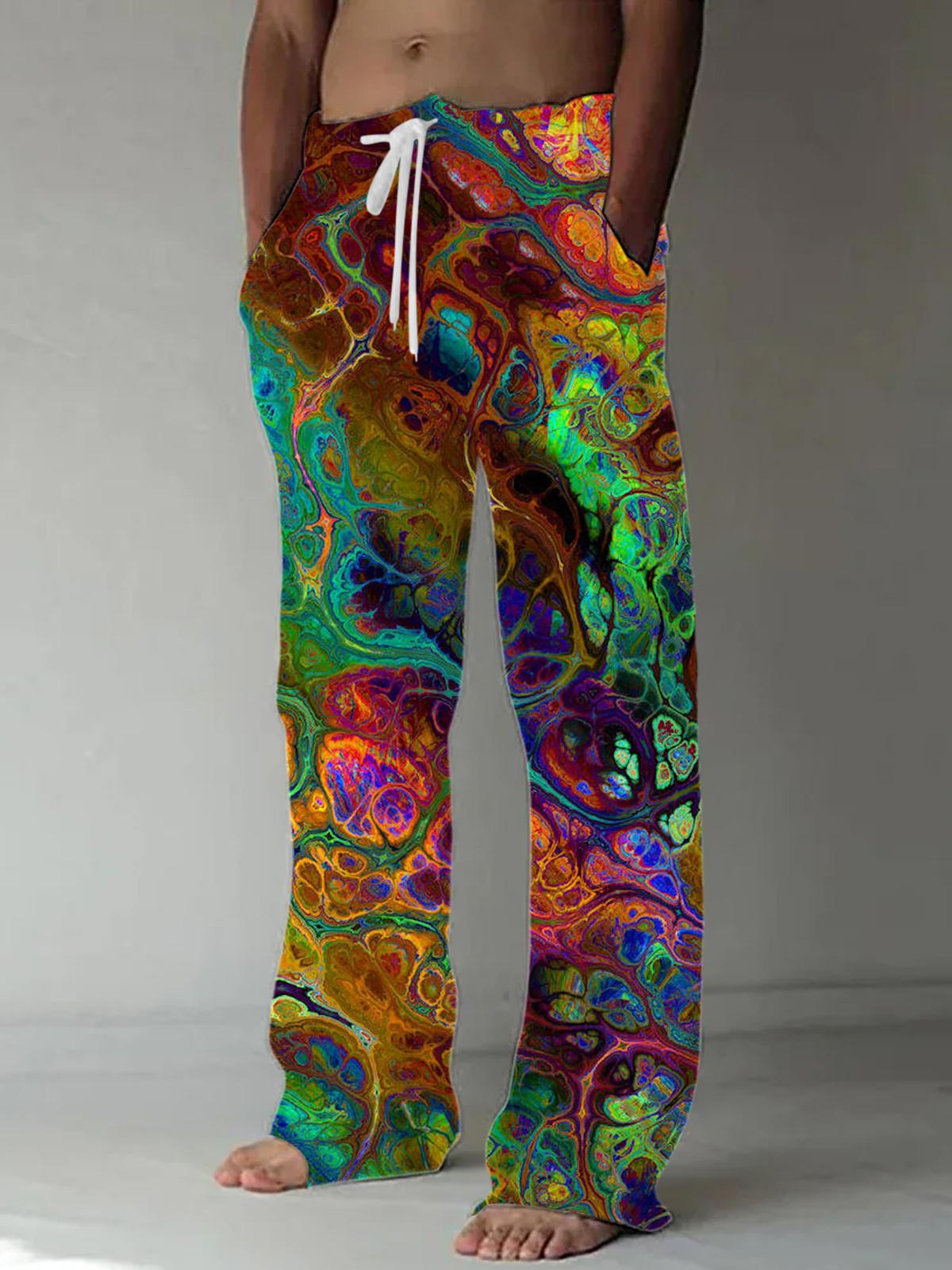 Men Abstract Print Casual Elastic Waist Pants Front View