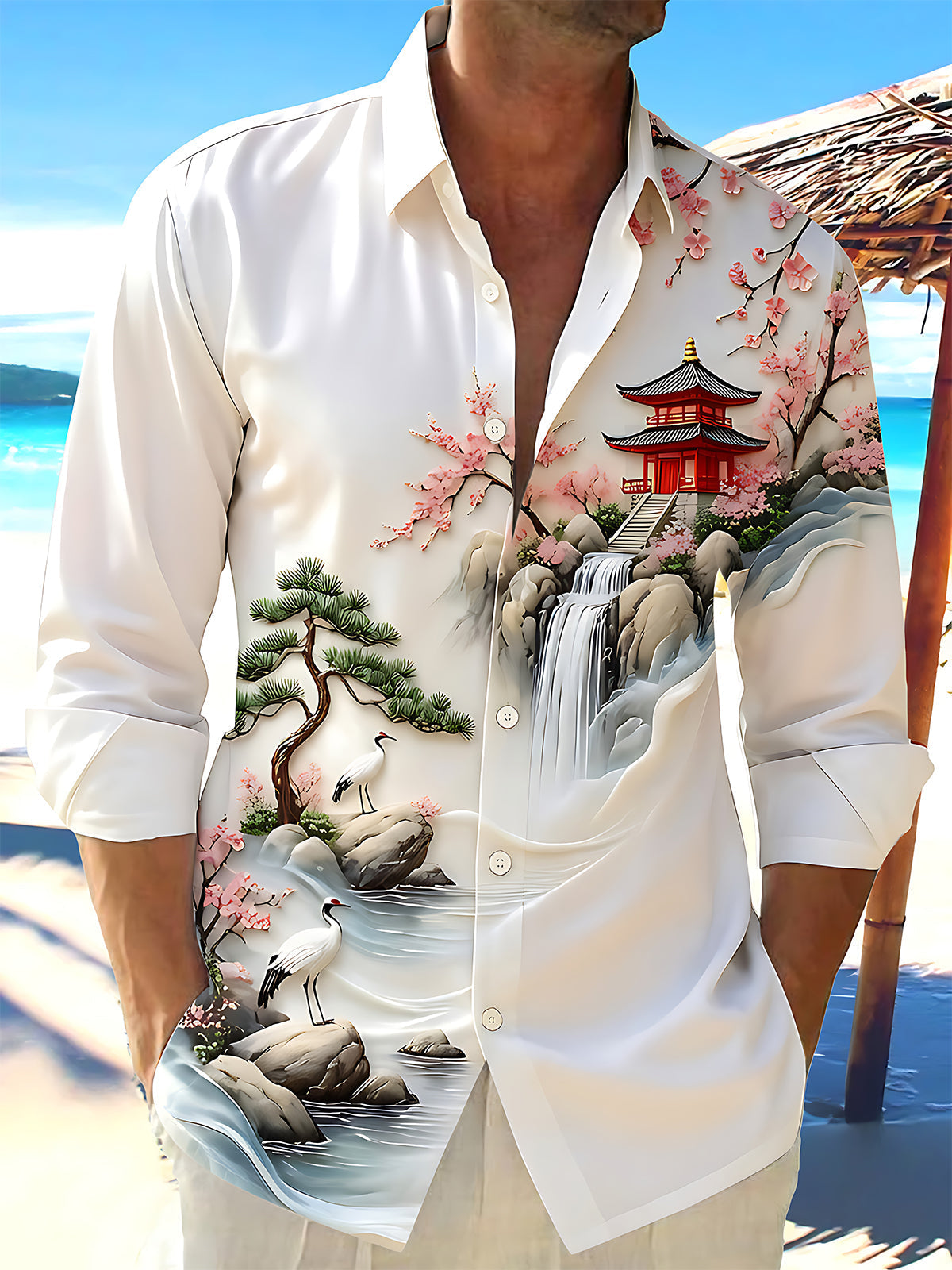 Adaychic Men's Graphic Asian Landscape Pagoda Print Long Sleeve Button Down Shirt with Chest Pocket