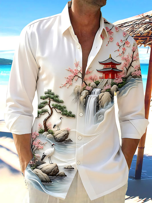 Adaychic Men's Graphic Asian Landscape Pagoda Print Long Sleeve Button Down Shirt with Chest Pocket