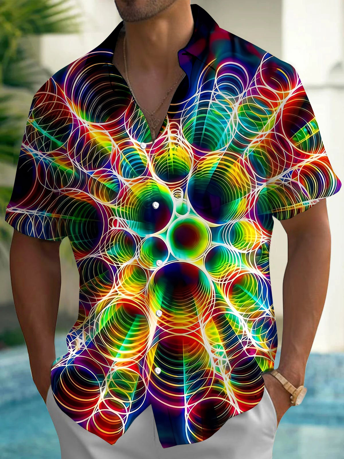 Adaychic Men's Geometric Abstract Swirl Circle Print Short Sleeve Button Down Shirt with Chest Pocket