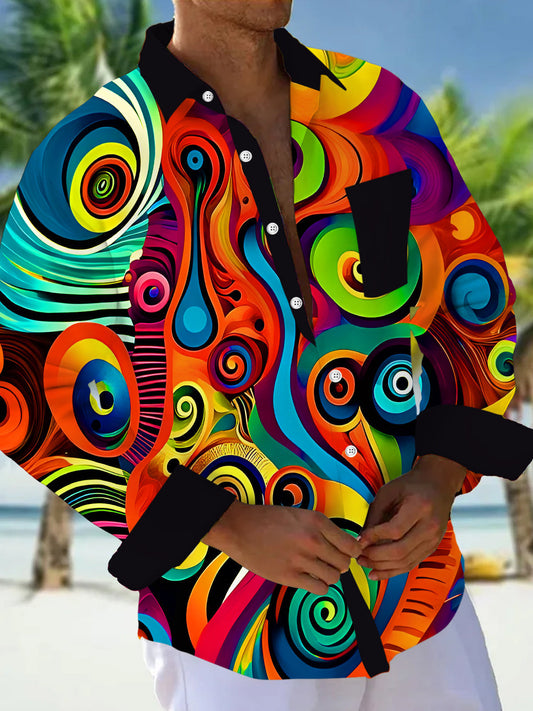 Adaychic Men's Graphic Psychedelic Swirl Abstract Print Long Sleeve Button Down Shirt with Chest Pocket