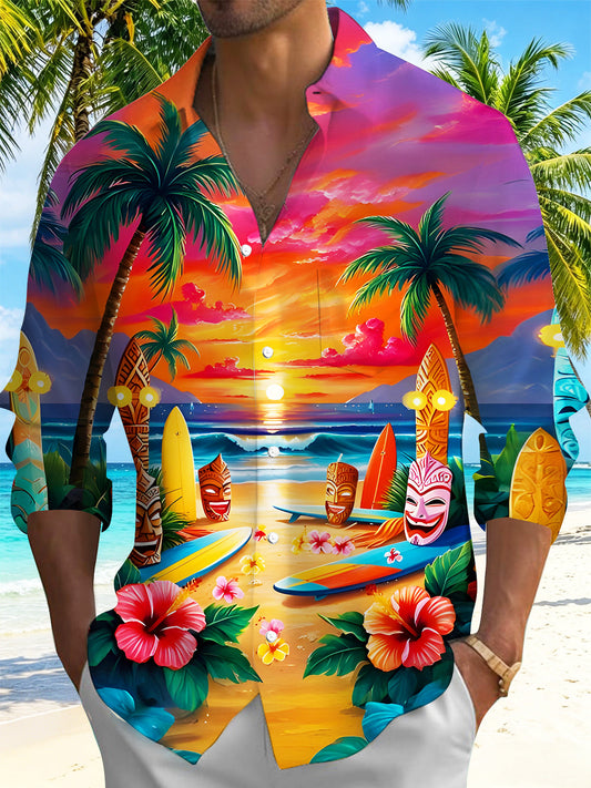 Adaychic Men's Hawaiian Floral Tropical Sunset Beach Print Long Sleeve Button Down Shirt with Chest Pocket