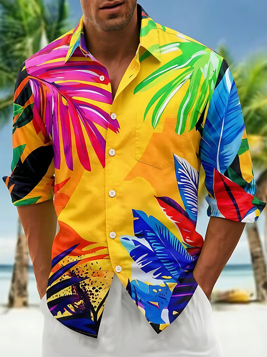 Adaychic Men's Yellow Hawaiian Tropical Palm Leaf Print Long Sleeve Button Down Shirt with Chest Pocket