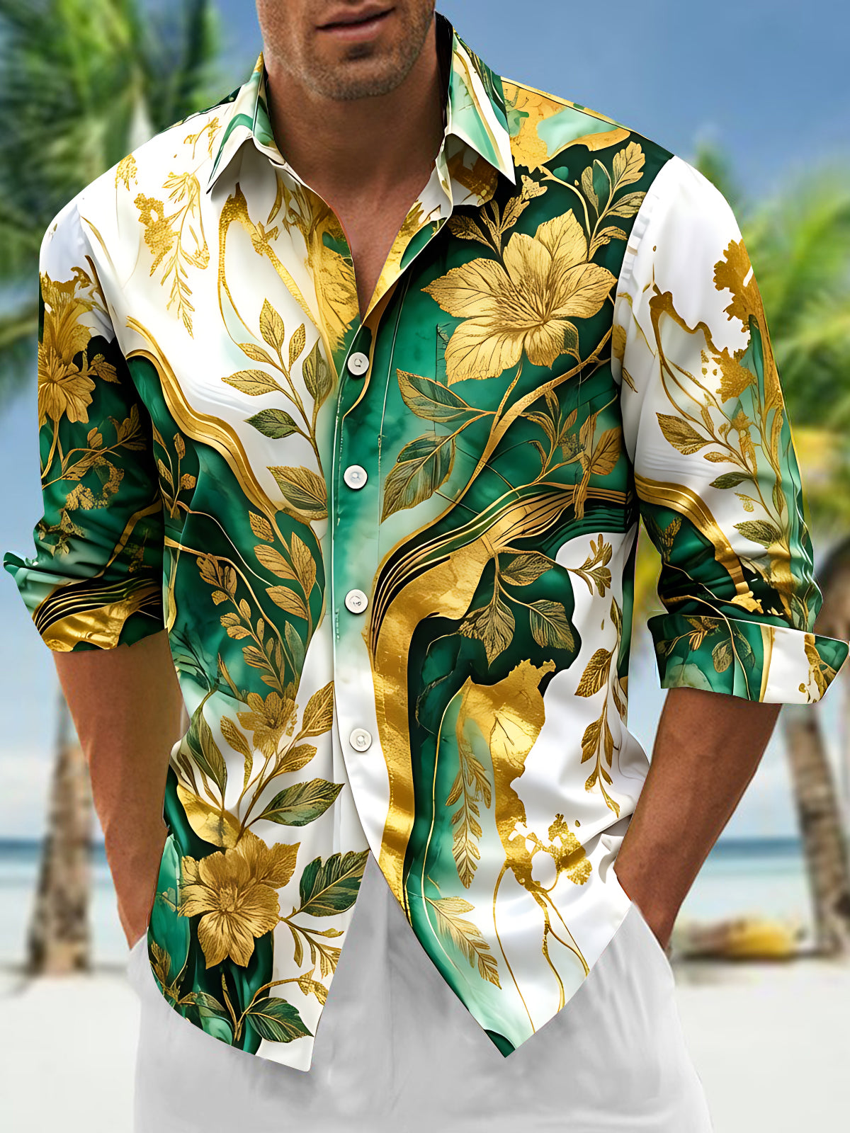 Adaychic Men's Tropical Green Floral Leaf Print Long Sleeve Button Down Shirt with Chest Pocket