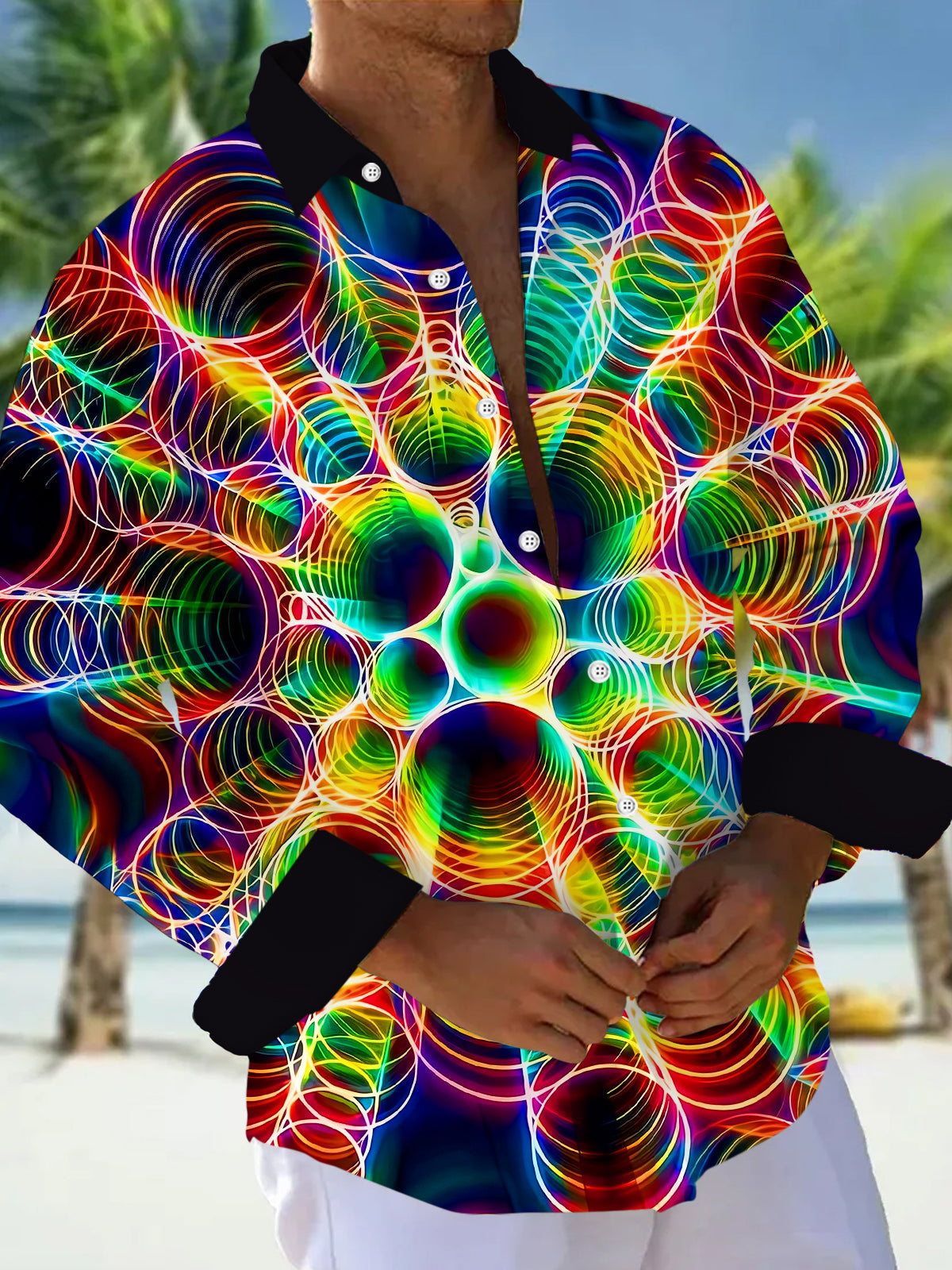 Adaychic Men's Graphic Geometric Abstract Neon Circle Print Long Sleeve Button Down Shirt with Chest Pocket