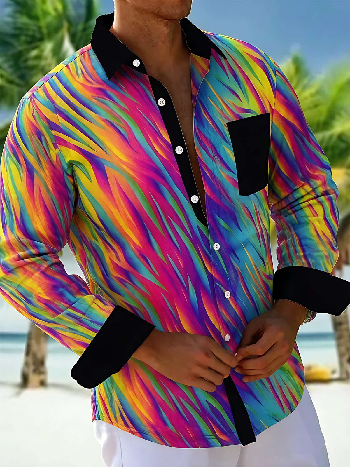 Adaychic Men's Graphic Abstract Gradient Flame Stroke Print Long Sleeve Button Down Shirt with Chest Pocket