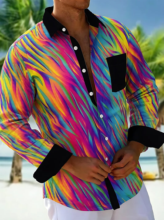 Adaychic Men's Graphic Abstract Gradient Flame Stroke Print Long Sleeve Button Down Shirt with Chest Pocket
