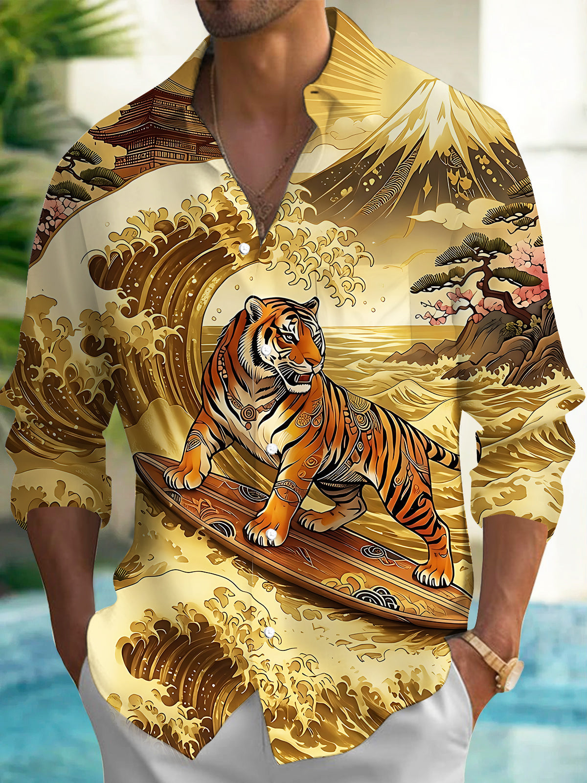 Adaychic Men's Graphic Retro Tiger Surfing Wave Art Print Long Sleeve Button Down Shirt with Chest Pocket