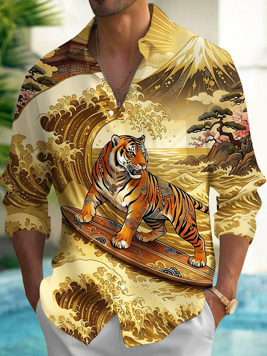 Adaychic Men's Graphic Retro Tiger Surfing Wave Art Print Long Sleeve Button Down Shirt with Chest Pocket