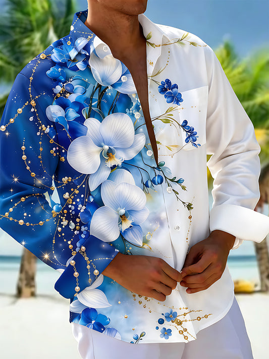 Adaychic Men's Graphic Blue Orchid Floral Print Long Sleeve Button Down Shirt with Chest Pocket