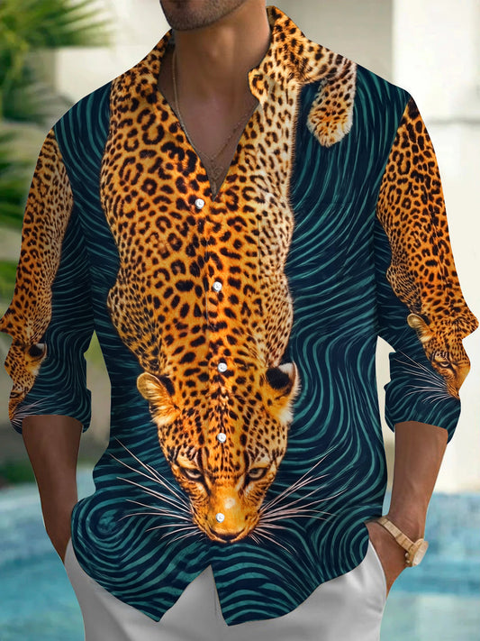 Adaychic Men's Leopard Graphic Wavy Line Print Long Sleeve Button Down Shirt with Chest Pocket