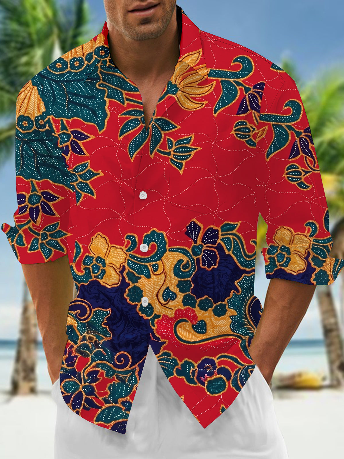 Adaychic Men's Hawaiian Tropical Red Floral Batik Pattern Print Long Sleeve Button Down Shirt with Chest Pocket