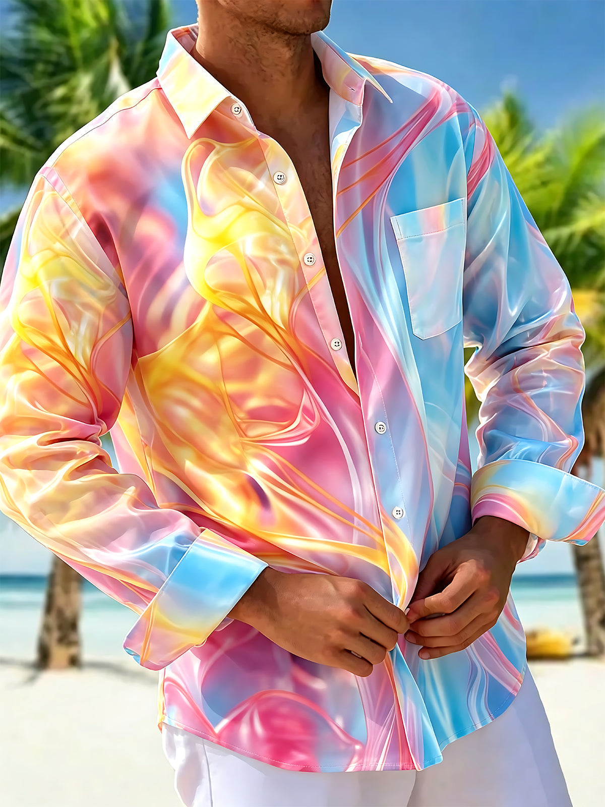 Adaychic Men's Graphic Abstract Gradient Swirl Print Long Sleeve Button Down Shirt with Chest Pocket