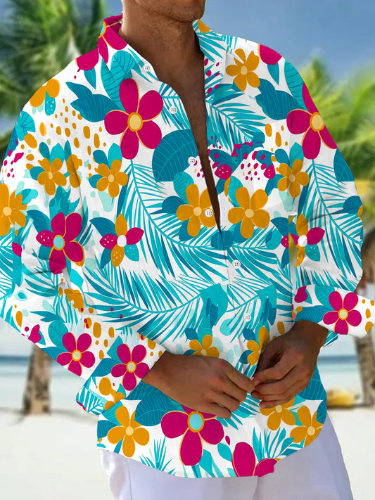 Adaychic Men's Hawaiian Tropical Floral Palm Leaf Print Long Sleeve Button Down Shirt with Chest Pocket