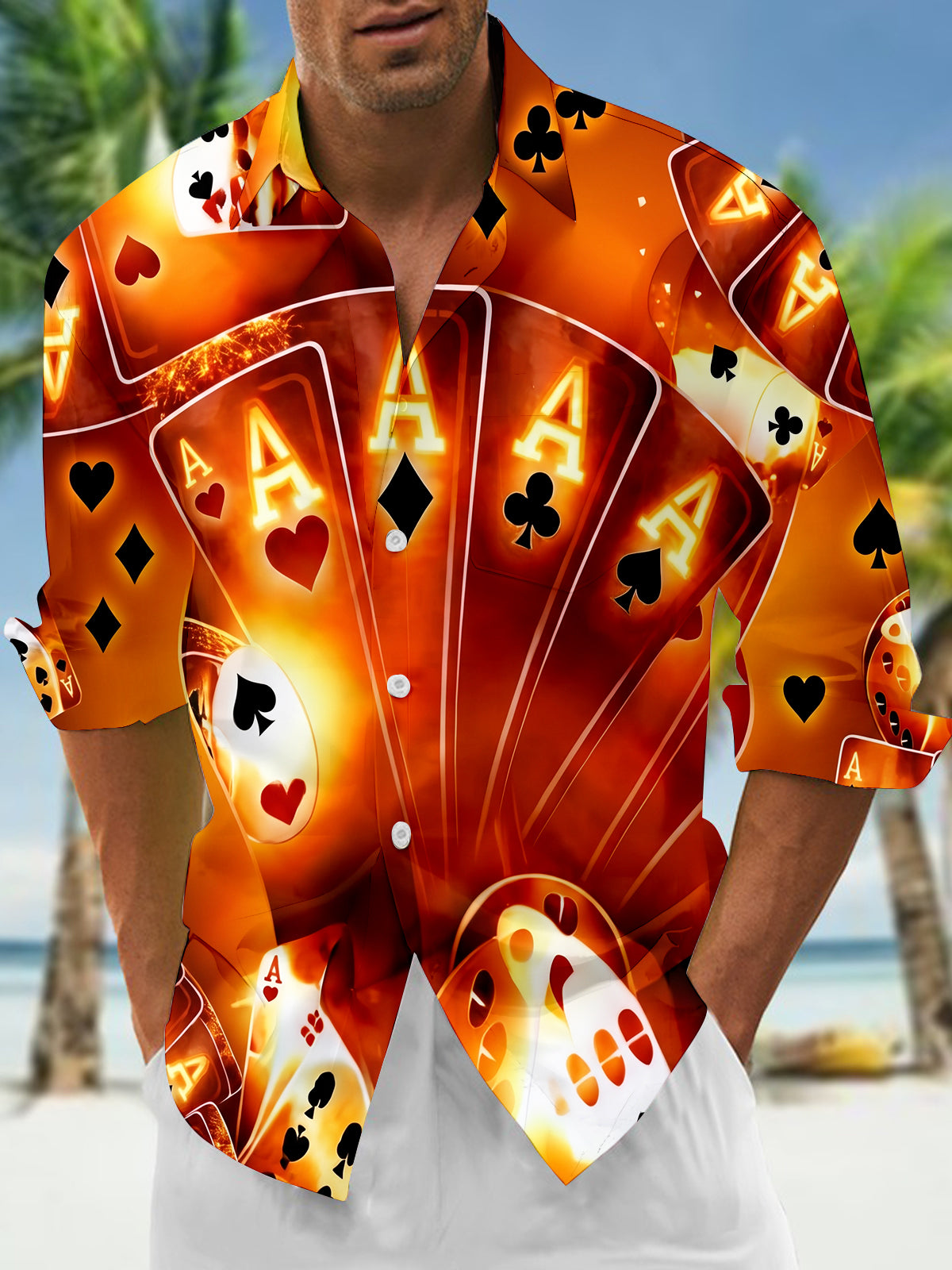 Adaychic Men's Graphic 3D Playing Cards Dice Print Long Sleeve Button Down Shirt with Chest Pocket