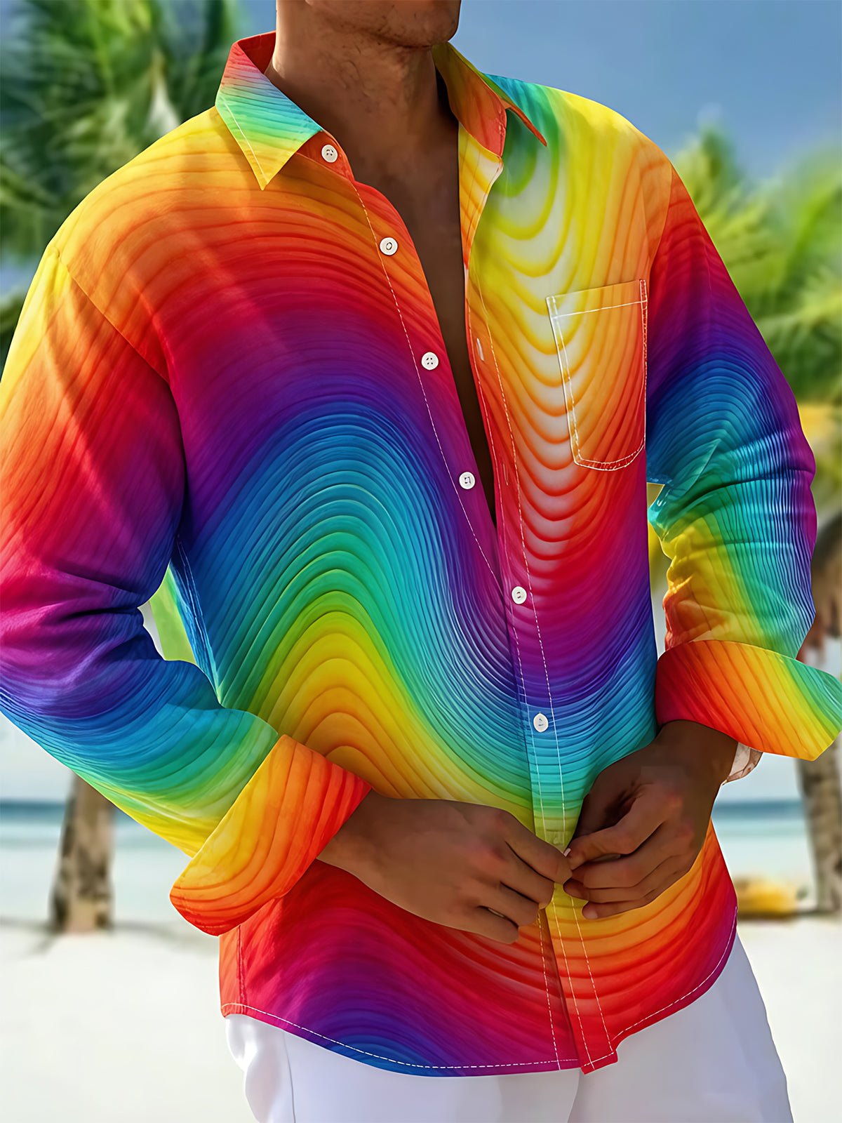 Adaychic Men's Hawaiian Rainbow Gradient Waves Print Long Sleeve Shirt with Chest Pocket