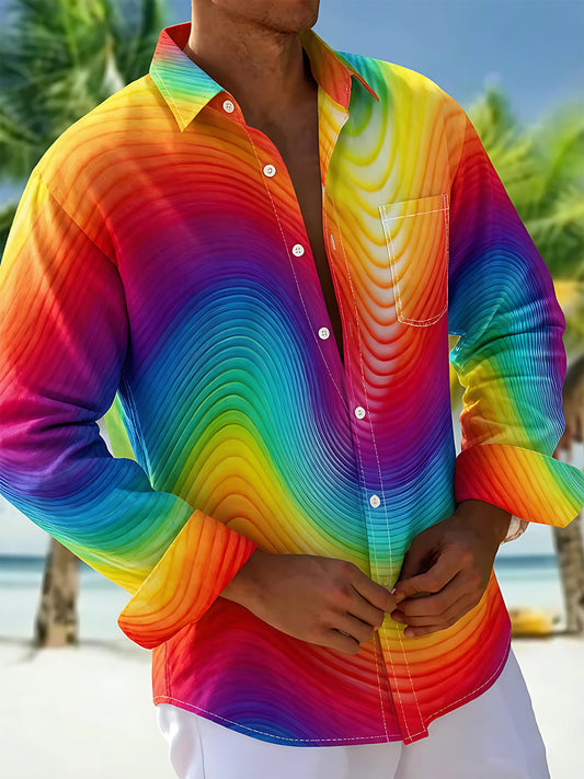 Adaychic Men's Hawaiian Rainbow Gradient Waves Print Long Sleeve Shirt with Chest Pocket