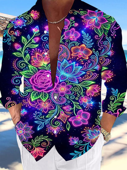 Adaychic Men's Printed Neon Floral Paisley Print Long Sleeve Shirt with Chest Pocket